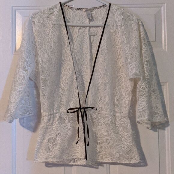 CREAM lace jacket w/ brown accent tie NWT lace bridal shower feminine - Picture 1 of 11